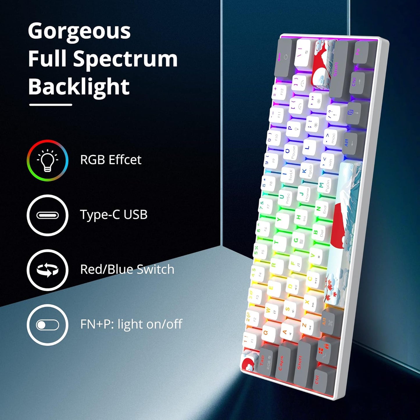 60 Percent Gaming Keyboard Mechanical with Linear Red Switch, 65% Wired Ultra-Compact Mini Keyboard Rainbow with PBT Keycaps for Ps4/Ps5/Xbox(68 MonsterB)