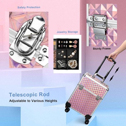 Stagiant Rolling Makeup Train Case Cosmetology Case on Wheels Travel Cosmetic Suitcase Trolley Makeup Luggage Storage Box 4 Tray with Lock Middle Layer Salon Nail Tech Cart Traveling Tattoo Case Pink