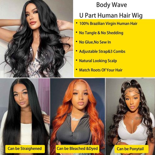 U Part Human Hair Wig Body Wave Brazilian Virgin Hair Glueless Wigs Human Hair 180% density U Part Wig for Black Women Clip In U Part Wig Human Hair Upart half wig Natural Black Color 22 inch