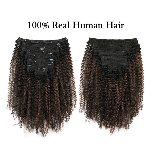 Sassina Afro Curly Clip ins Hair Extensions Two Tone Real Hair Extensions Clip in Human Hair Natural Black to Chocolate Brown Double Weft Clip in Hair Extensions 20 Inch 7 Pcs with 17 Clips 120 Grams…