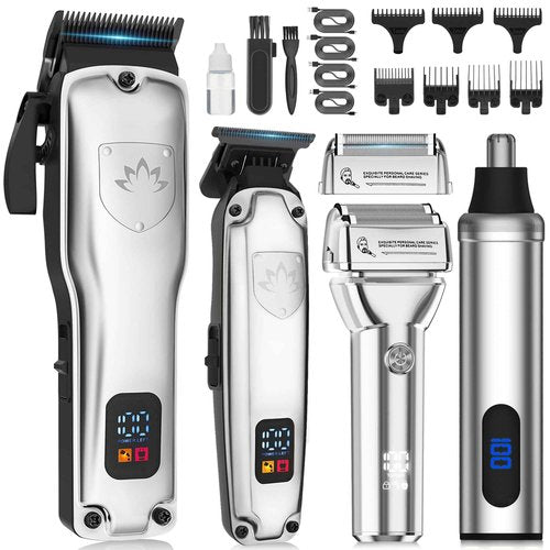 Karrte Professional Hair Clippers and Trimmer Set for Men, T-Shaper Trimmer & Foil Shaver, Nose & Ear Hair Trimmer, Cordless Clippers and Grooming Set, Hair Cutting Kit with LED Display Silver