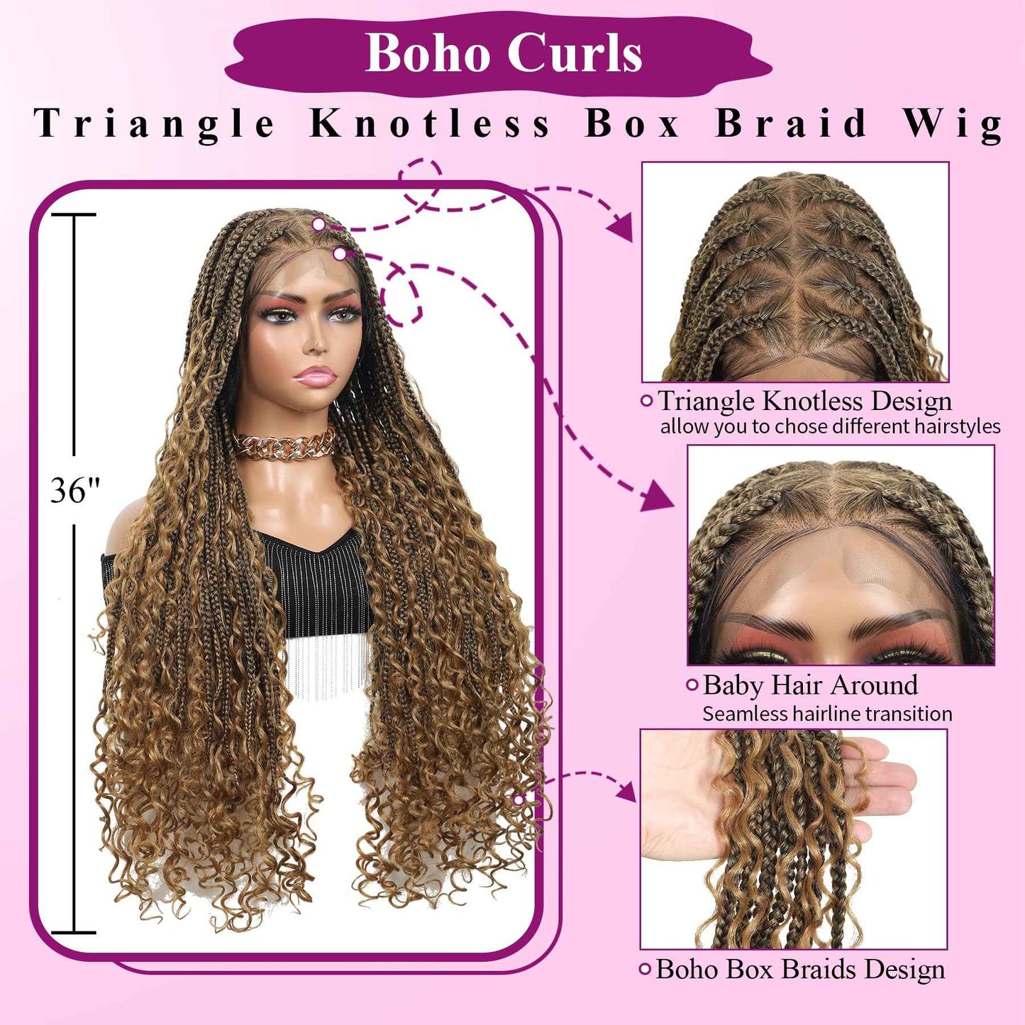 KERNORV 360° HD Full Lace Knotless Boho Braided Wigs for Women Full Lace Box Braid Wig with Baby Hair Premium Synthetic Lace Front Braided Wigs with Curly Ends 36" Light Brown