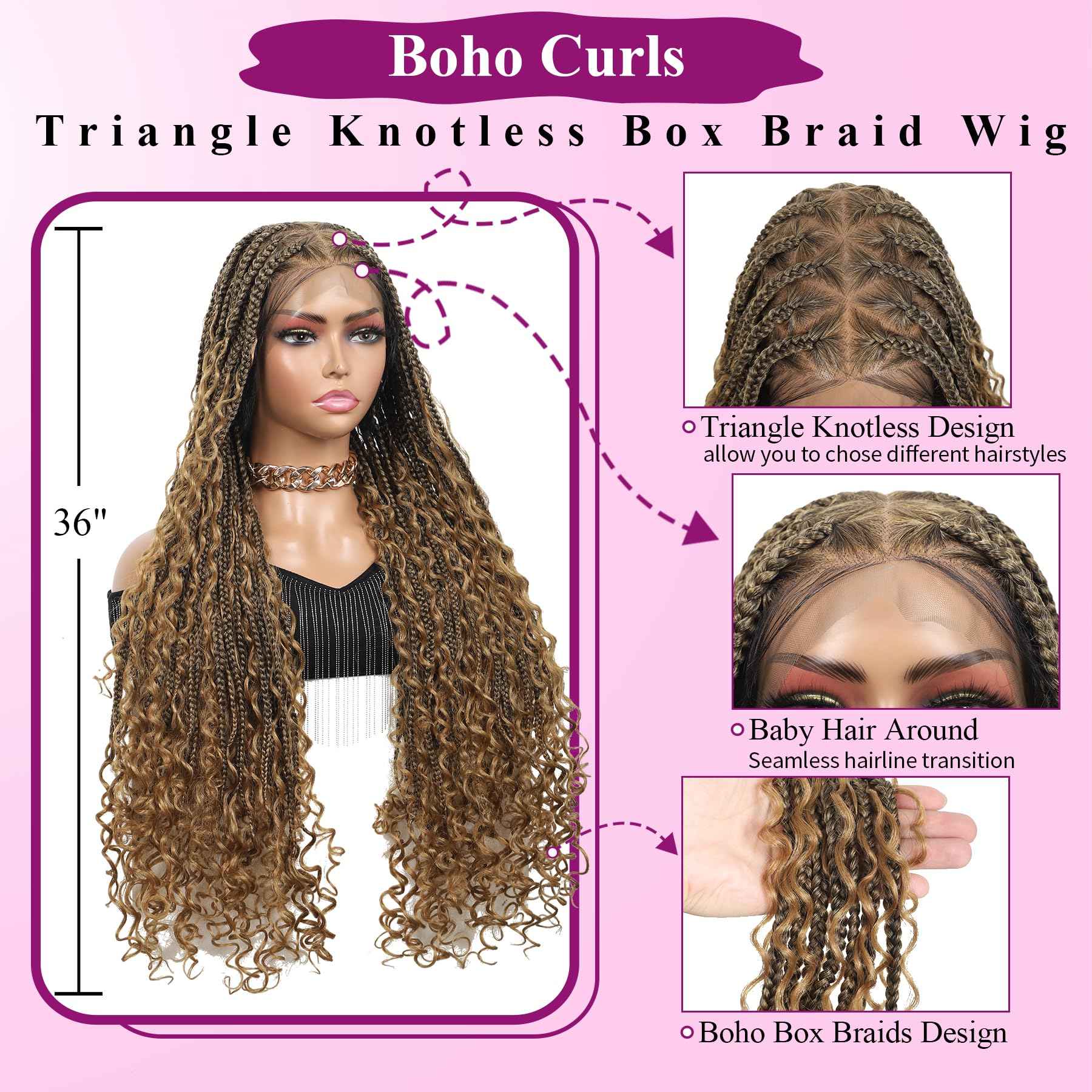 KERNORV 360° HD Full Lace Knotless Boho Braided Wigs for Women Full Lace Box Braid Wig with Baby Hair Premium Synthetic Lace Front Braided Wigs with Curly Ends 36" Light Brown