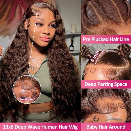 MXTQO Deep Wave Lace Front Wigs Human Hair Chocolate Brown 13x6 HD Lace Front Wigs Pre Plucked Deep Curly Wigs Wet and Wavy Human Hair Frontal Wigs with Baby Hair 200% Density