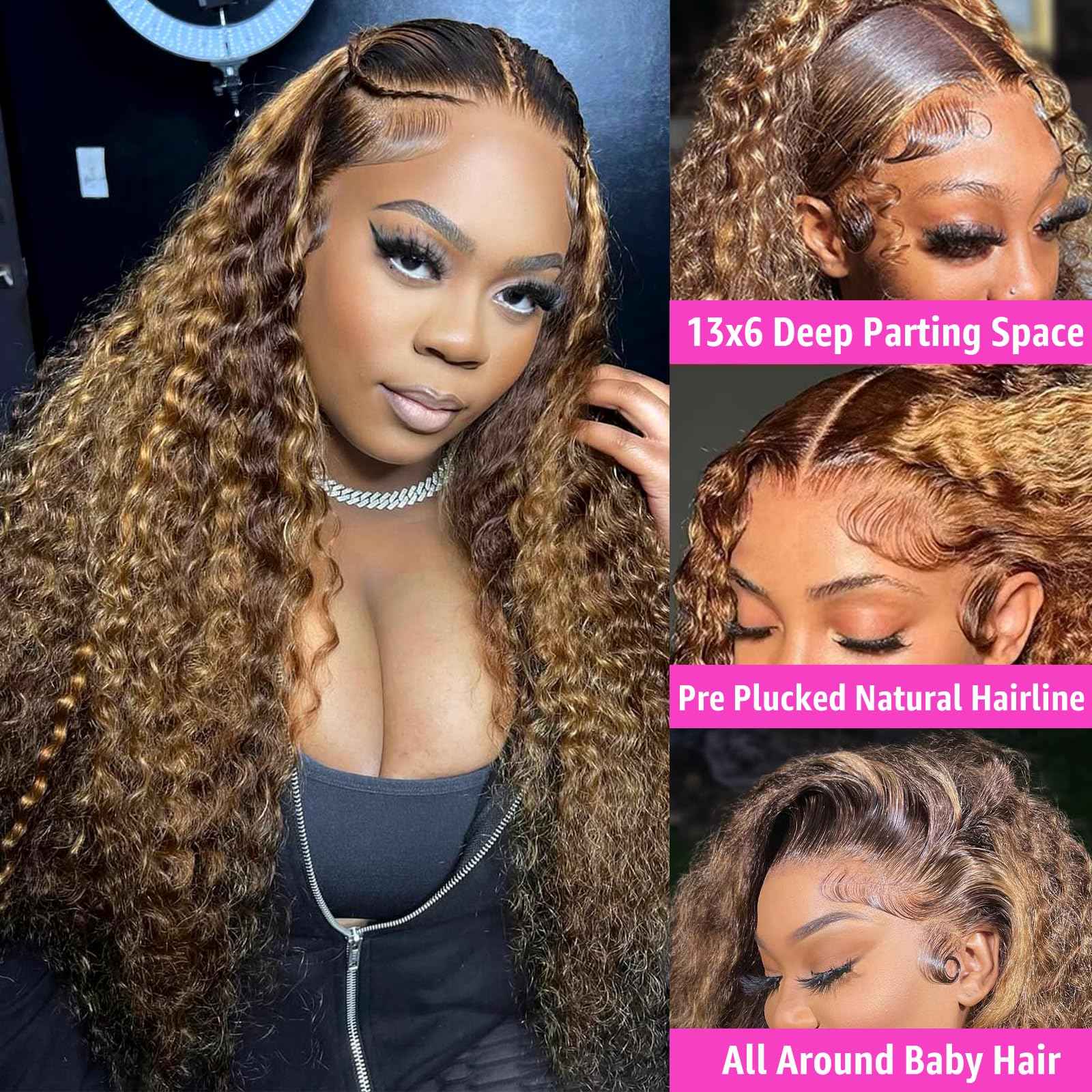 Jilho Water Wave Lace Front Wigs Human Hair 13x6 Ombre Honey Blonde Frontal Wig 200 Density P4/27 Highlight Colored Curly Wet and Wavy Lace Front Wigs Glueless Pre Plucked with Baby Hair (22 Inch)