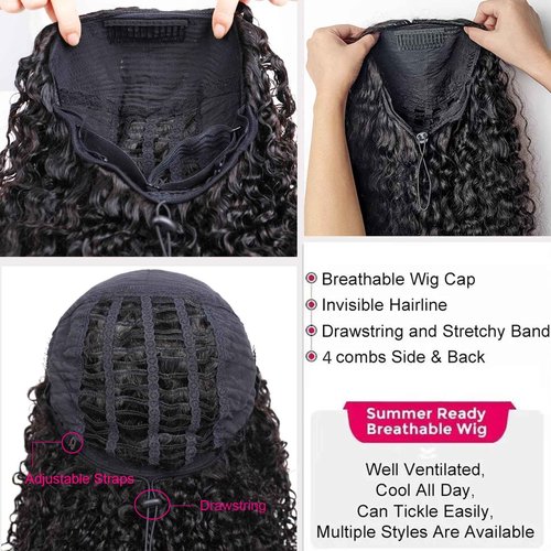 BLG Burmese Curly Half Wig Human Hair 300% Density 3 In 1 Human Hair Half Wigs for Women 16 Inch Curly Seamless Wear and Go Glueless Drawstring Wig Natural Color Quick Install Beginners Friendly Wigs