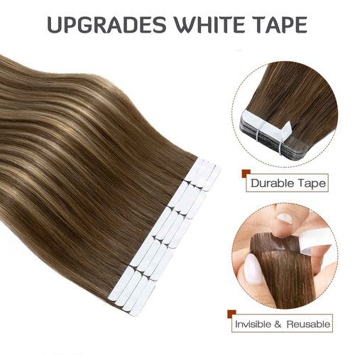 S-noilite Tape In Hair Extensions Human Hair Real Natural Straight Silky Remy Hair Seamless Double Side Tape in Hair Extensions for Women (22 Inch, (4/27)/4 Chocolate Brown to Caramel Blonde)