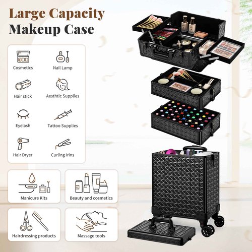 AROUS 5 in 1 Rolling Makeup Train Case Cosmetology Case on Wheels Large Cosmetic Organizer Travel Cart for Hairstylist Artist Nail Beauty Salon Barber,Black