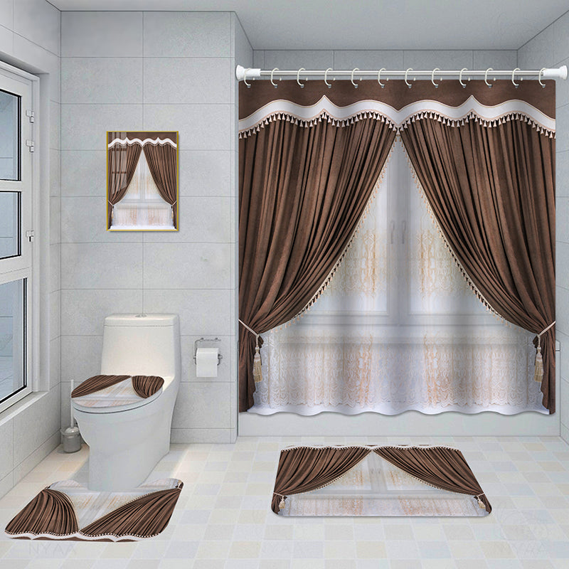 Bathroom 5-Piece Shower Curtain Set with Mat and Decorative Aluminum Frame