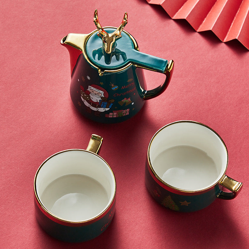 Ceramic Teapot Set with Cups and Plates - Christmas Elk Design, Portable & High-Temperature Resistant
