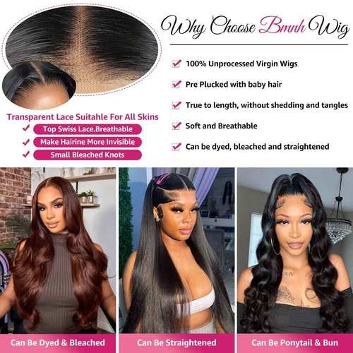 BMNH Body Wave Lace Front Wigs Human Hair Pre Plucked with Baby Hair HD Lace Front Wig 200 Density Natural Black Wig for Women Brazilian Virgin Human Hair Body Wave Wig (22 Inch)