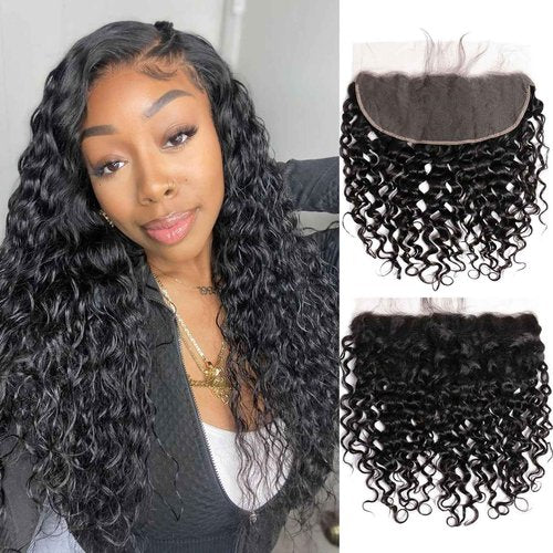 DSEKCAIN Water Wave HD Frontal 13x6 Lace Frontal Transparent Human Hair Closure 100% Raw Virgin Human Hair Free Part Long Big Space Size Natural Black Color 20 Inch