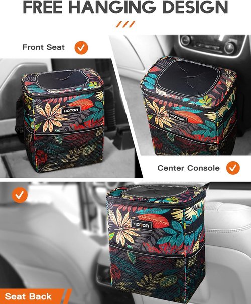 HOTOR Car Trash Can with Lid and Storage Pockets - 100% Leak-Proof Organizer, Waterproof Garbage Can, Multipurpose Trash Bin for Car, 2 Gallons, Autumn Leaves