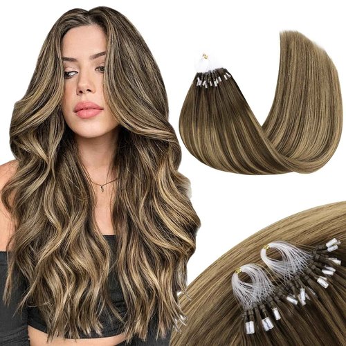 MAXITA Microlink Hair Extensions Human Hair Balayage Dark Brown Mixed Chestnut Brown Micro Bead Hair Extensions Virgin Human Hair, 50g/50 Strands/Pack, 24 In