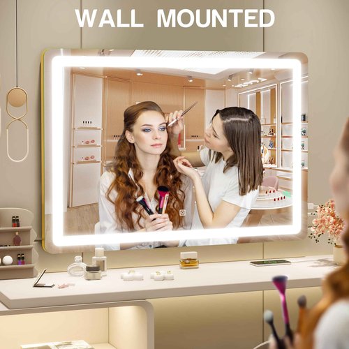 ROLOVE Gold Vanity Mirror with Lights, 32" x 22" Large Lighted Vanity Mirror with Dimmable 3 Modes, LED Makeup Mirror, USB Charging Port, Tabletop or Wall-Mounted