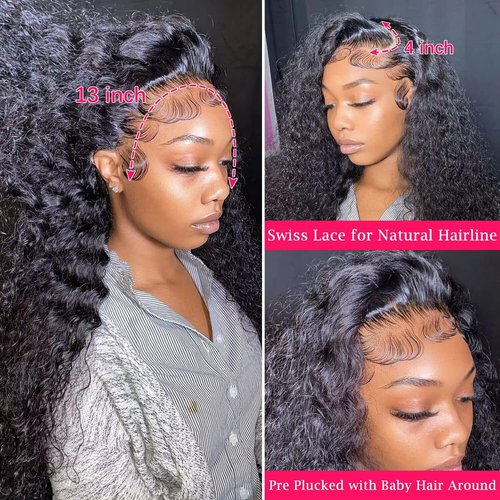 TENACOO Deep Wave Lace Front Wigs Human Hair 13x4 Deep Curly Lace front Wigs Pre Plucked with Baby Hair Curly Wigs for Black Women 180% High Density 18 Inch