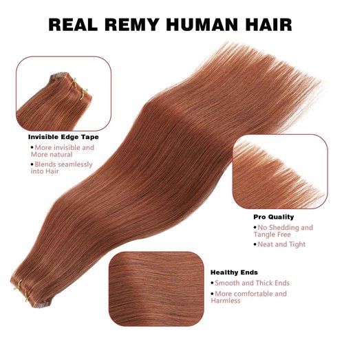 ABH AMAZINGBEAUTY HAIR Invisi Edge Tape in Hair Extensions Real Human Hair, Seamless Injected Hand-Tied Virgin Human Hair Pro Quality Tape ins 20PCS 50G/Pack, Auburn Color #30 20 Inch