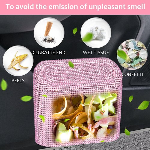 Accmor Bling Car Trash Can with Lid, Leak-Proof Mini Vehicle Trash Bin Automotive Dustbin Organizer Storage, Sparkling Crystal Trash Bag Container with 30pcs Garbage Bags for Car, Home, Office (Pink)