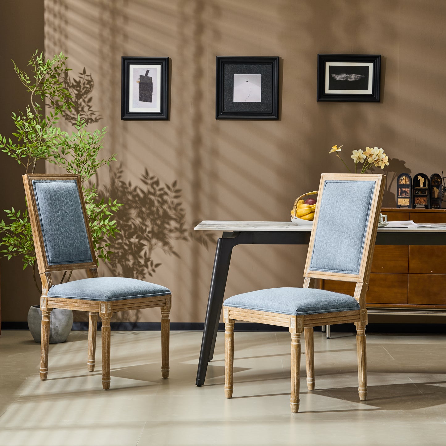 French Country Dining Chairs - Elegant Cane Backrest & Upholstered