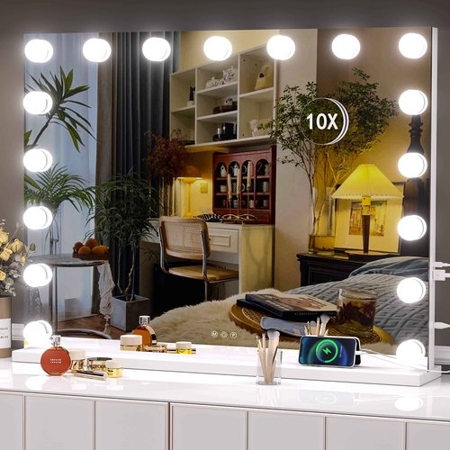 Hasipu Vanity Mirror with Lights, 32" x 24" Hollywood Mirror, Makeup Mirror with 17 Dimmable Bulbs and 10X Magnification, 3 Colors Modes, Touch Control, USB Charging Port, Type-C (Square White)