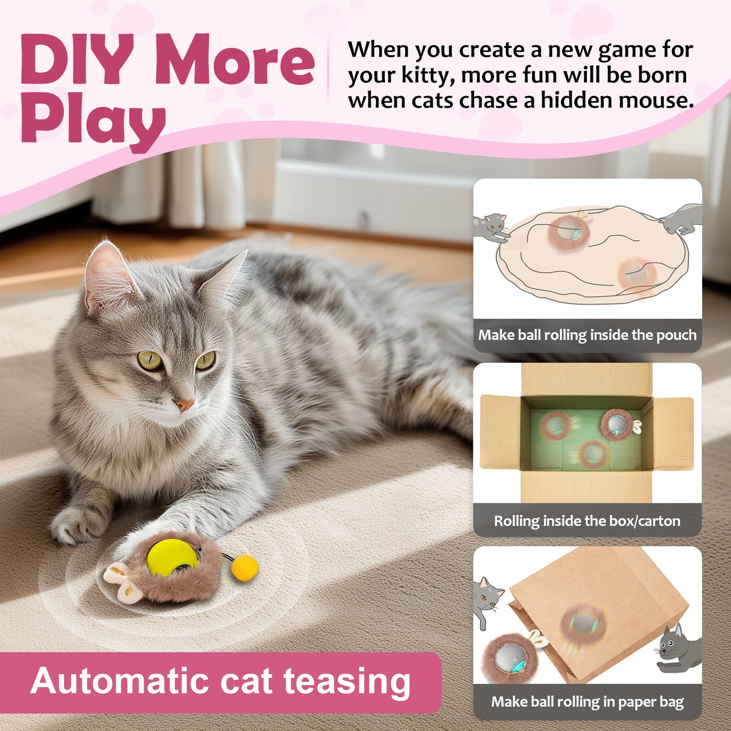 Interactive Cat and Dog Chase Toy Ball with Lights, Fluffy Tail & Bunny Ears