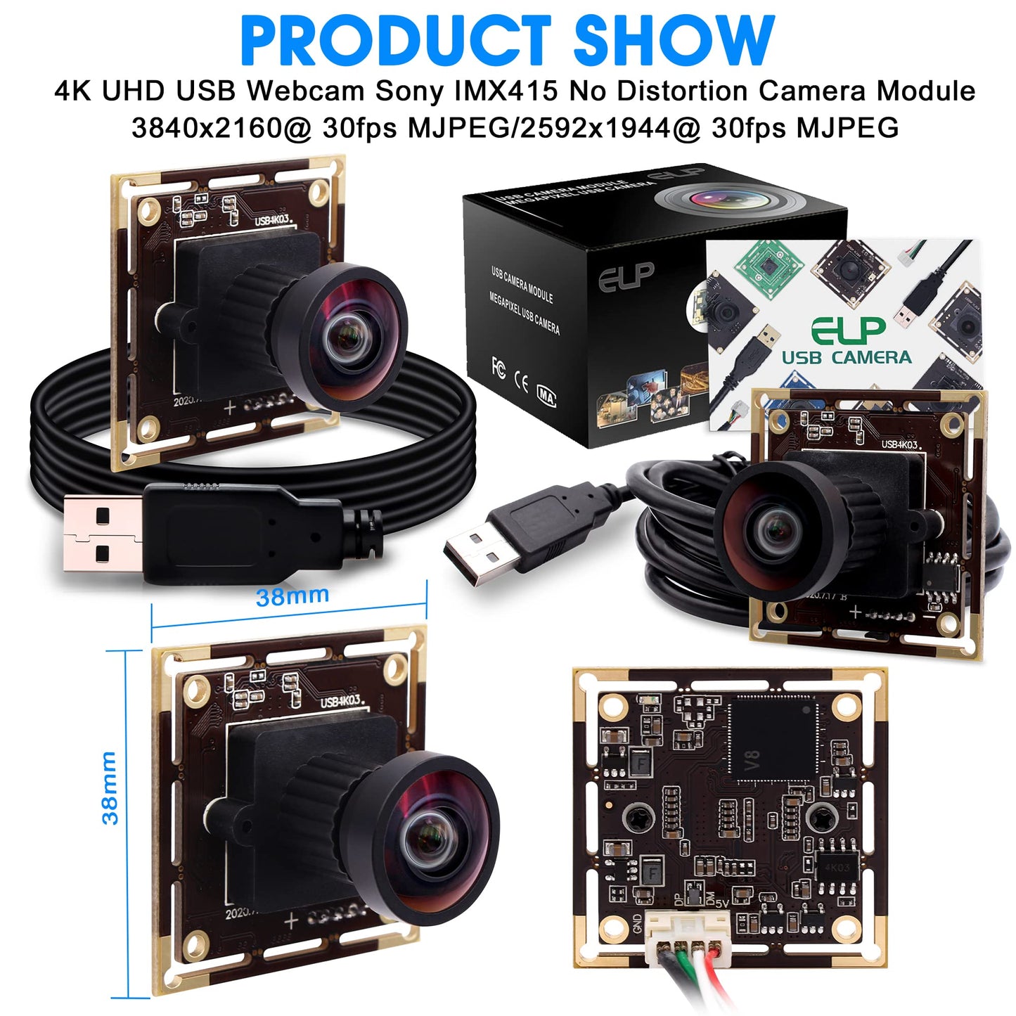 4K USB Camera Module with 110 Degree Wide Angle No Distortion Lens 2160P Ultra HD USB Camera Board for Computer and Raspberry Pi Industrial Lightburn Camera Plug and Play for Windows Linux Jetson Nano