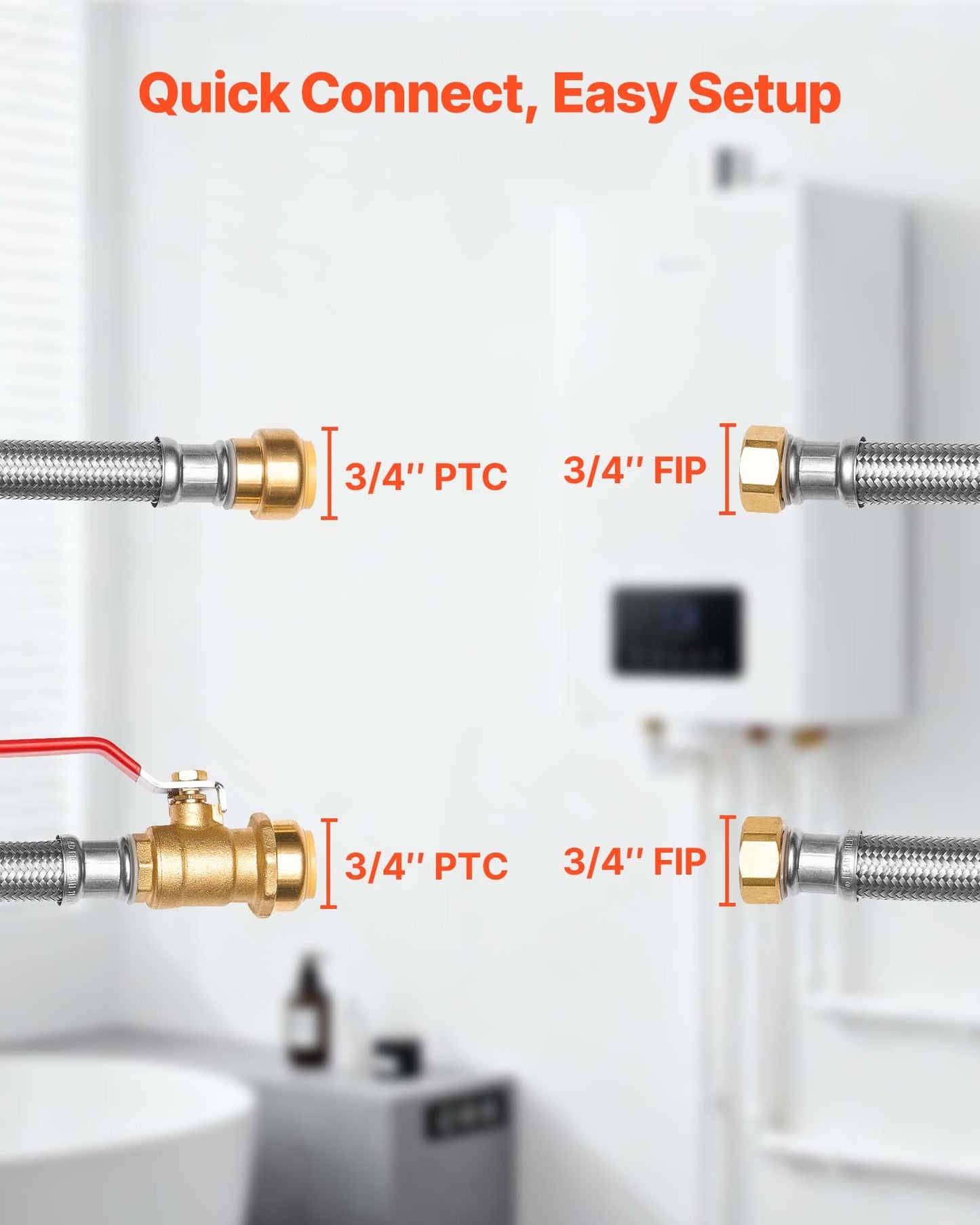 Water Heater Connector Kit with Push-Fit Valve, Stainless Steel Braided Hose, 3/4" FIP x 3/4" PTC, Black