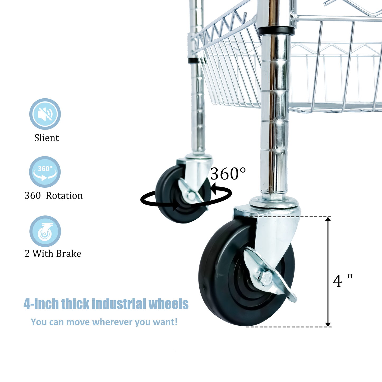 Heavy Duty 3-Tier Rolling Utility Cart with Handle and Shelves - Chrome