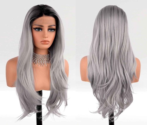 EALGA Ombre Black Grey Lace Front Wigs for Women Silver Grey Hair Wigs Long Natural Wavy Hair Wigs with Middle Part 22 inch Best Affordable Wig EALGA-014