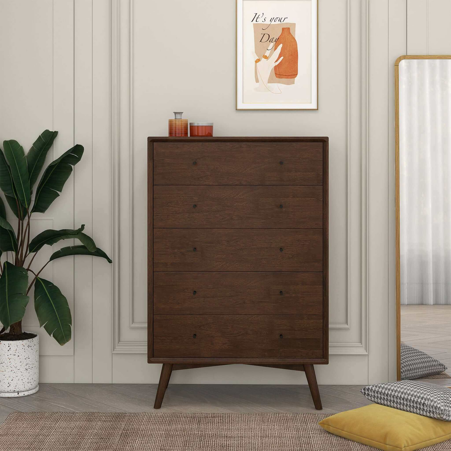Caroline Mid Century Modern 5-Drawer Solid Wood Dresser In Dark Brown