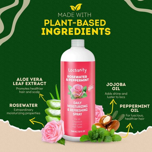 Locsanity Rosewater and Peppermint Daily Moisturizing Spray – Jumbo Size Hydrating Dreadlock Spray to Nourish The Scalp and Protect Hair from Oil and Buildup (32oz)