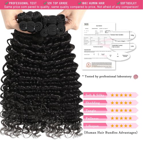 msVenus 12A Deep Wave Bundles Human Hair 16 18 20 Inches 100% Unprocessed Indian Human Hair Bundles Wet and Wavy Raw Virgin Hair Curly Weave 3 Bundle Deal (Natural Color, 16 18 20 Inches)