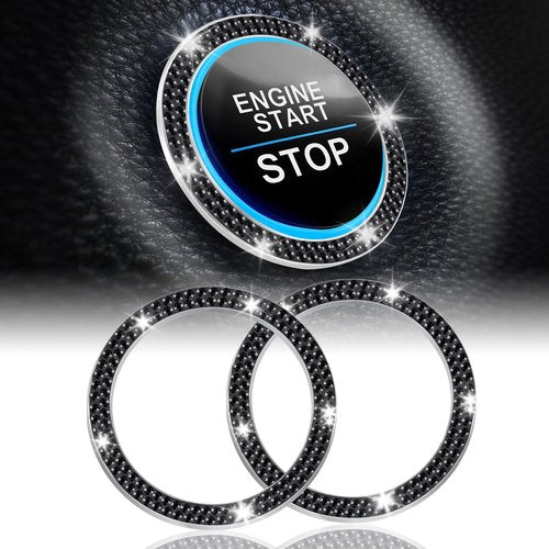 LivTee 2 PCS Crystal Double Rhinestone Car Engine Start Stop Decoration Ring, Bling Car Interior Accessories for Women, Push to Start Button Cover Sticker, Automotive Decals, Black