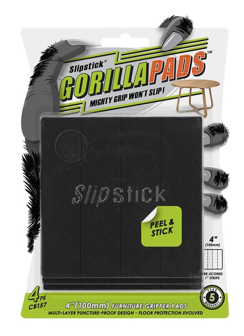 Slipstick GorillaPads Non Slip Furniture Pads/Gripper Feet Floor Protectors (Set of 4) Premium 4 Inch Pre-Scored Square Self Adhesive Rubber Stoppers for Furniture Legs, Black, CB157