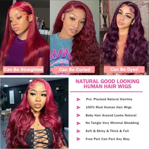 13X6 Burgundy Lace Front Wigs Human Hair 180% Density Body Wave Red Wig Human Hair Pre Plucked 12A Brazilian Virgin Hd Lace Frontal 99J Human Hair Wig Natural Hairline With Baby Hair(Burgundy, 24inch)