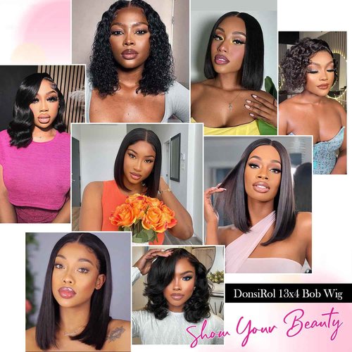 DonsiRol 12 inch Bob Wig Human Hair, Glueless Wigs Human Hair Pre Plucked, 13x4 bob lace front wigs for Woman, 180% Density Bob Wigs with Baby Hair (Black)