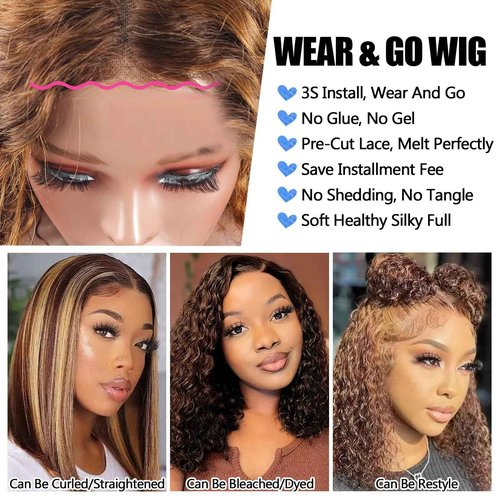 olimaruly Highlight Ombre Honey Blonde Curly Bob 4x4 Lace Wig Deep Wave Wigs Pre Plucked Pre Cut Bleached Knots 10 Inch Wear And Go Glueless for Woman Pre Plucked With Baby Hair for Black Women