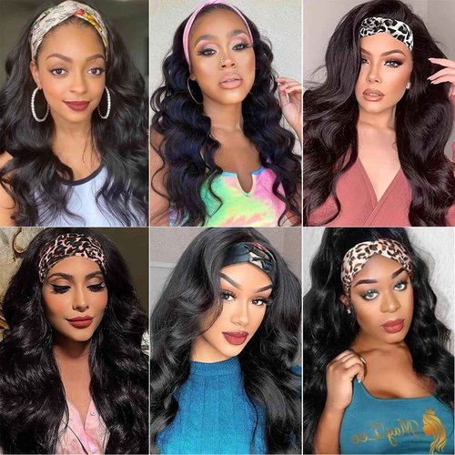 Hertune Human Hair Body Wave Headband Wig, 26 Inch, Black, Glueless, Wavy (loose waves), 21.75 Inch Cap Size