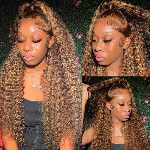 NOELLA Highlight Ombre Lace Front Wigs Human Hair 13x6 Honey Blonde Water Wave Curly Highlighted Wig Human Hair 22 Inch 210% Density Wet and Wavy HD Lace Frontal Glueless Wig For Black Women