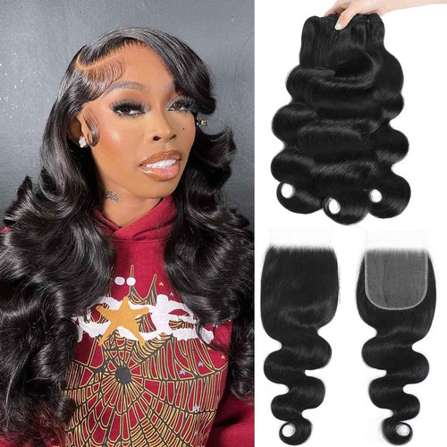 12A Human Hair Bundles 3 Bundles with Closure 14 16 18+12 Inch Body Wave Bundle Human Hair with 5x5 Closure 100% Brazilian Virgin Quick Weave Natural Black
