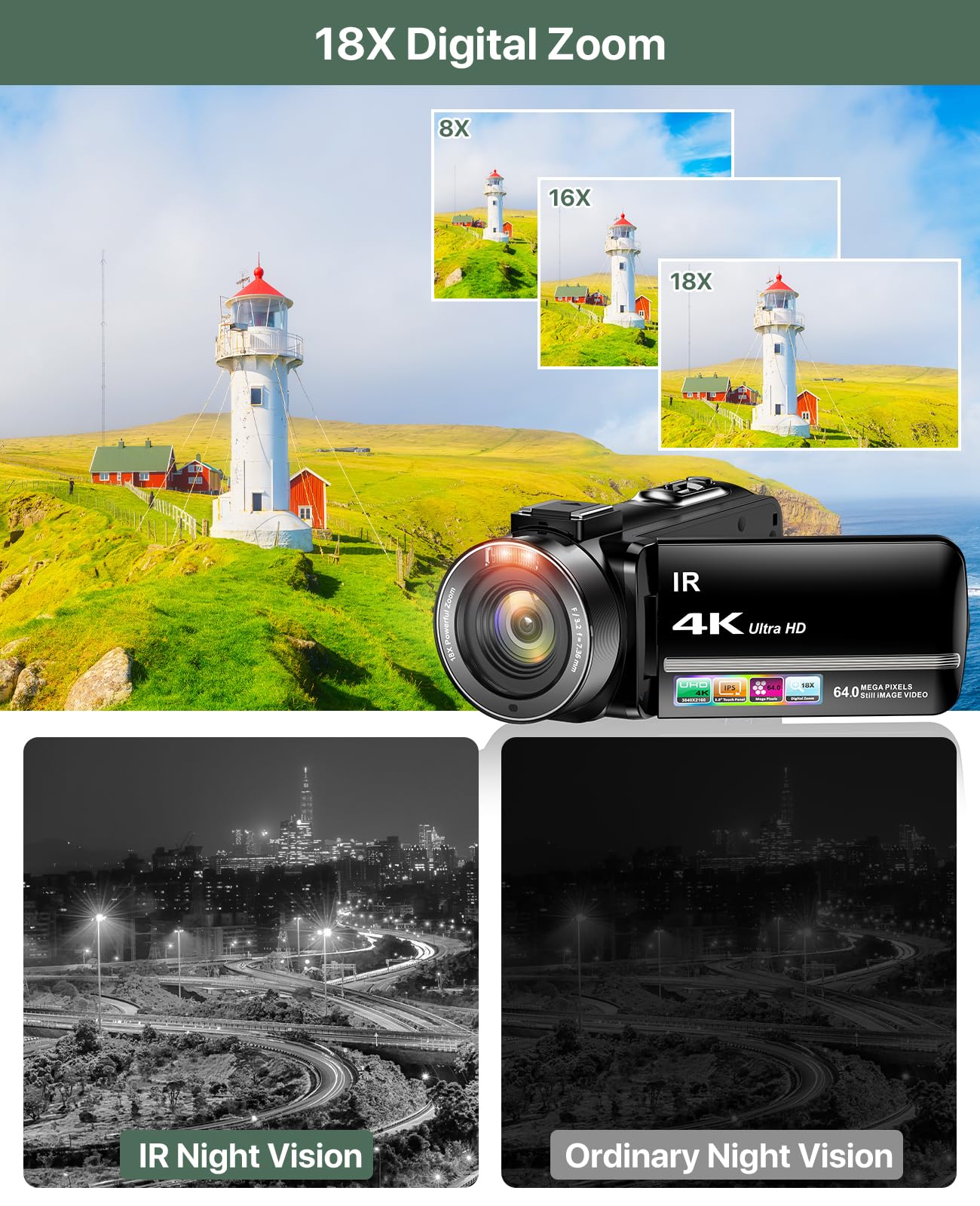 4K Video Camera Camcorder 64MP Vlogging Camera for YouTube 18X Digital Zoom 3.0''Touch Screen IR Night Vision with External Stereo Microphone,Handheld Stabilizer,Remote,Lens Hood,32G Card &2 Batteries