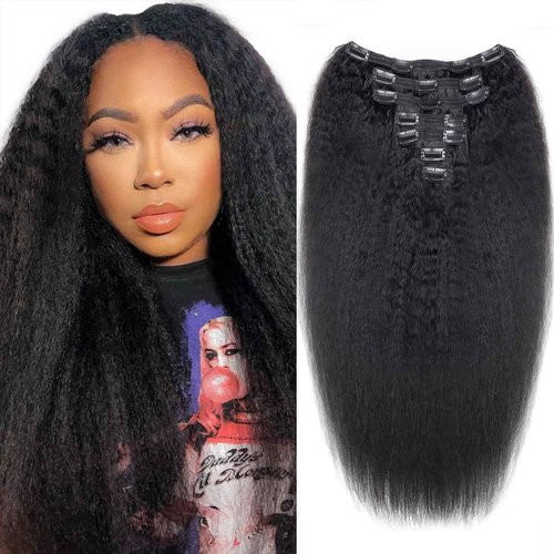Lysilf Kinky Straight Clip in Hair Extensions Full Head Brazilian Virgin Human Hair Kinky Straight Clip ins for Black Women,7Pcs whit 16 Clips Double Lace Weft,100Gram Natural Black(22Inch, 1B)