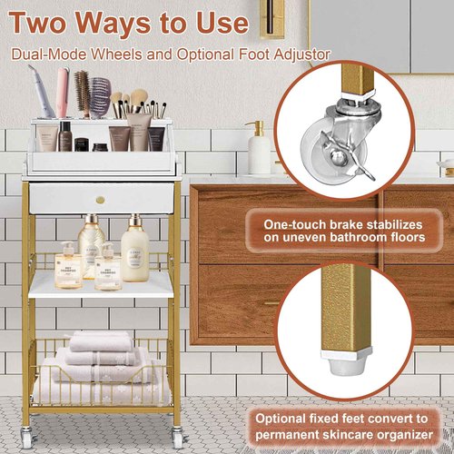 NauwaBarn Makeup Organizer Cart with Drawer, 2-in-1 Rolling Organizer Cart with Hair Tool Holder, Vanity Storage for Skincare, Perfume, Nail Polish, Cosmetics, Gold Finish