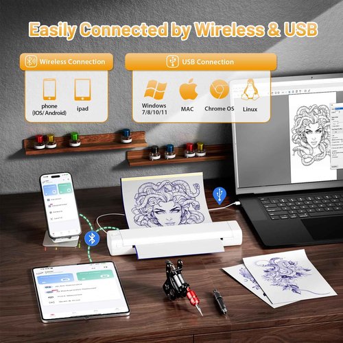 Ponek Tattoo Stencil Printer, M08F Wireless Thermal Tattoo Printer with 10pcs Transfer Paper, Compatible with Phone/Tablet/PC, Tattoo Machine for Tattoo Artists & Beginners, All White