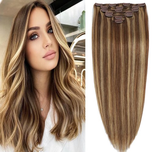 Clip in Hair Extensions Real Human Hair 7pcs 120g Straight Hair Extensions 20 Inch Chestnut Brown to Light Blonde Thick Remy Extensions Straight