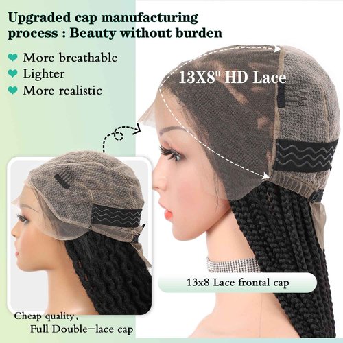 Fecihor Braided Wigs for Women Knotless Braided Lace Front Wigs with Baby Hair Box Braid Wig 13x8 Inches HD Lace Frontal Black Braided Wigs 36 inches