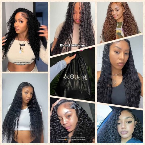 Wequeen 16A Deep Wave Human Hair Bundles 16 18 20 Inch 100% Unprocessed Brazilian Virgin Hair Quick Weave Bundles Human Hair Extensions Real Human Hair, Natural Black