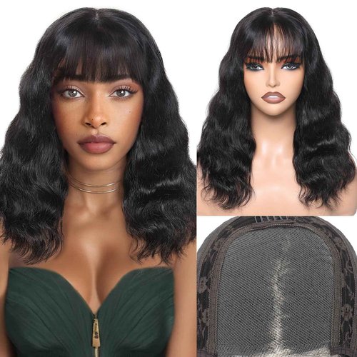 WIGNEE 4x4 Lace Human Hair Wig with Bangs Natural Wave Human Hair Wigs for White Women 14 Inch Glueless Wig With Bangs Human Hair Bang Wig 100% Brazilian Human Hair for Daily Use