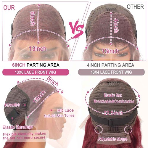 Lukymart 99j Burgundy Body Wave Lace Front Wigs Human Hair 13x6 HD Transparent Lace 180% Density Wine Red Colored 22 Inch