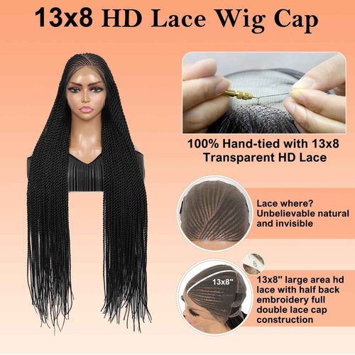 Brinbea 13X8'' HD Lace Cornrow Braided Wigs for Black Women Cornrow Twisted Braid Wig with Baby Hair Unique Look Premium Synthetic Braided Lace Front Wigs Black Braided Wigs 36 Inches